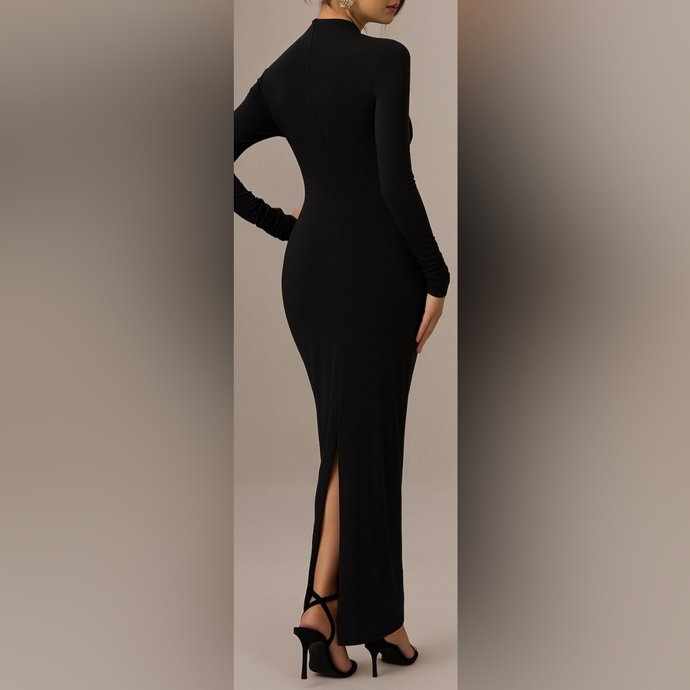NWT Club L London BLACK Hespera Runched Long Sleeve Mock Neck Gown with Slit - Picture 2 of 7